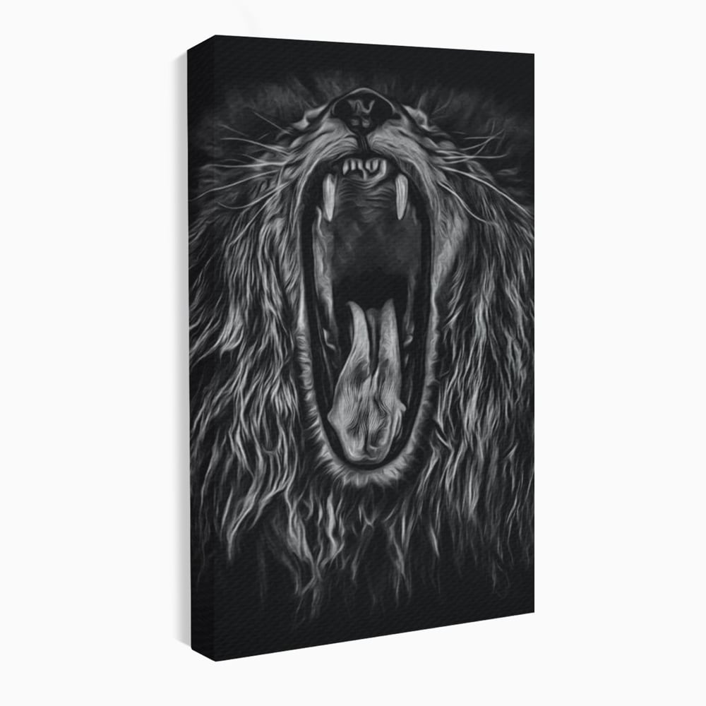 Tablou Canvas cu Leu Care Raguseste, Alb si Negru, M1385